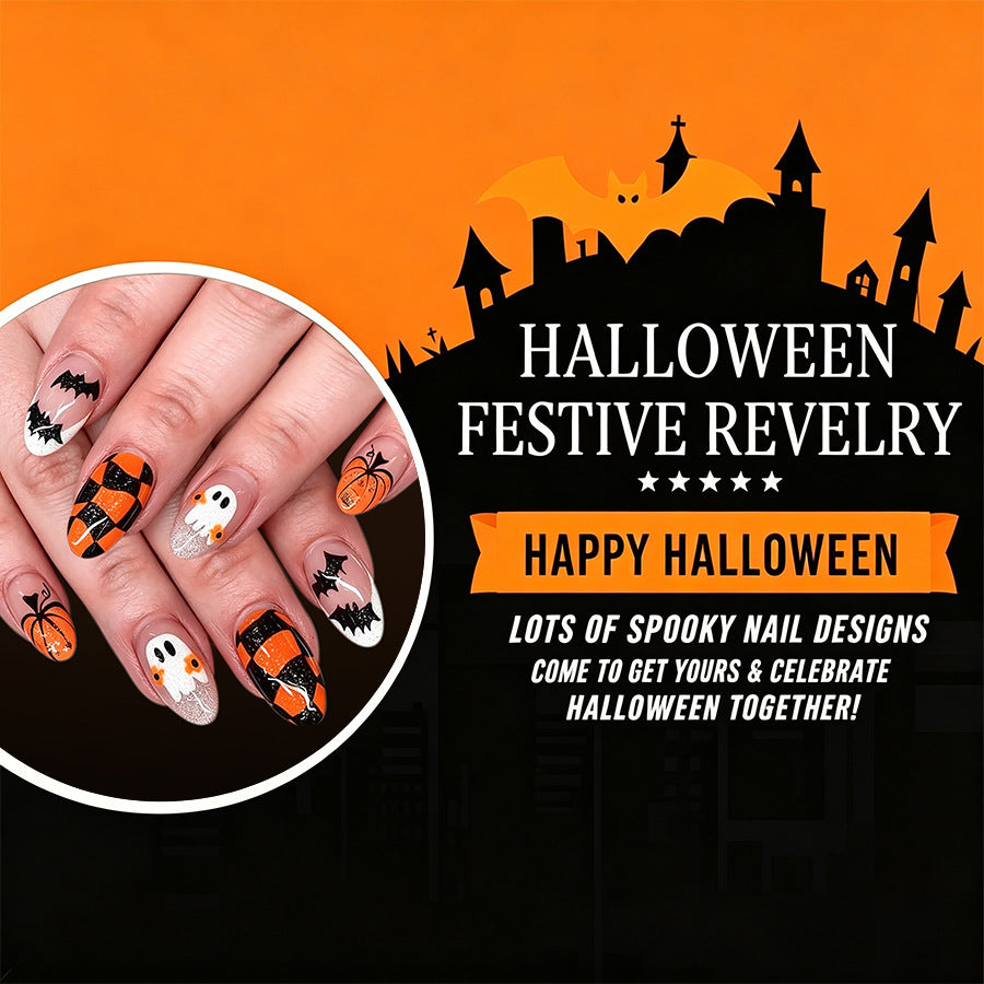 24pcs Short French Oval Orange Halloween Pumpkin Nails