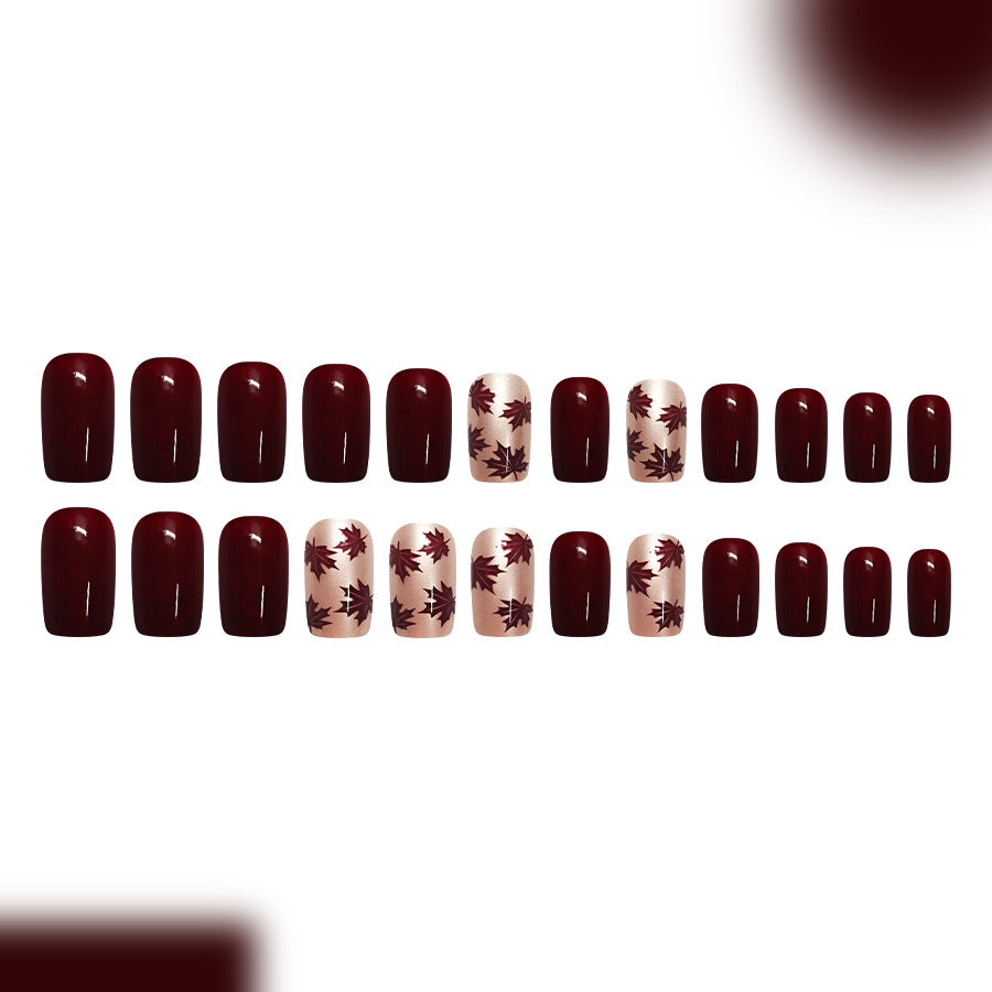 24pcs Short Square Wine Red Maple leaf Nails