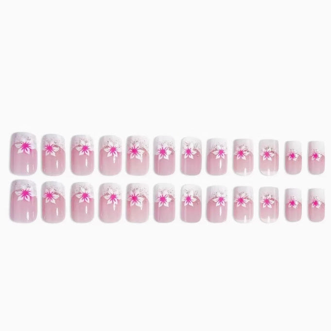 24pcs French-style flower Glitter short nails