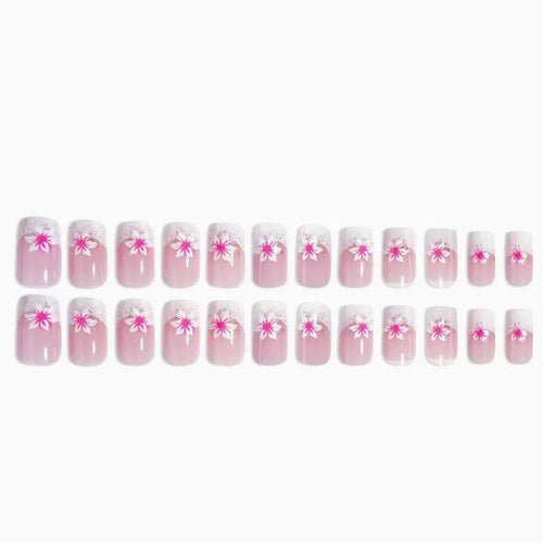 24pcs French-style flower Glitter short nails