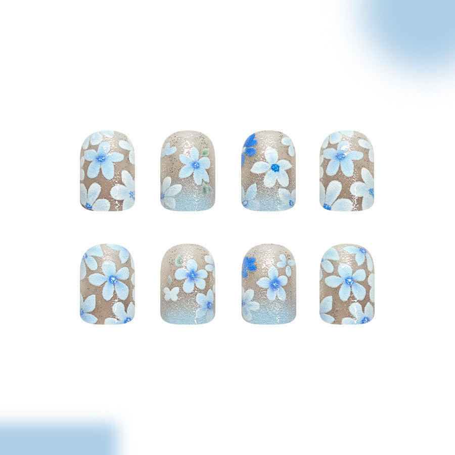 24pcs Short Square Blue Floral pattern nails