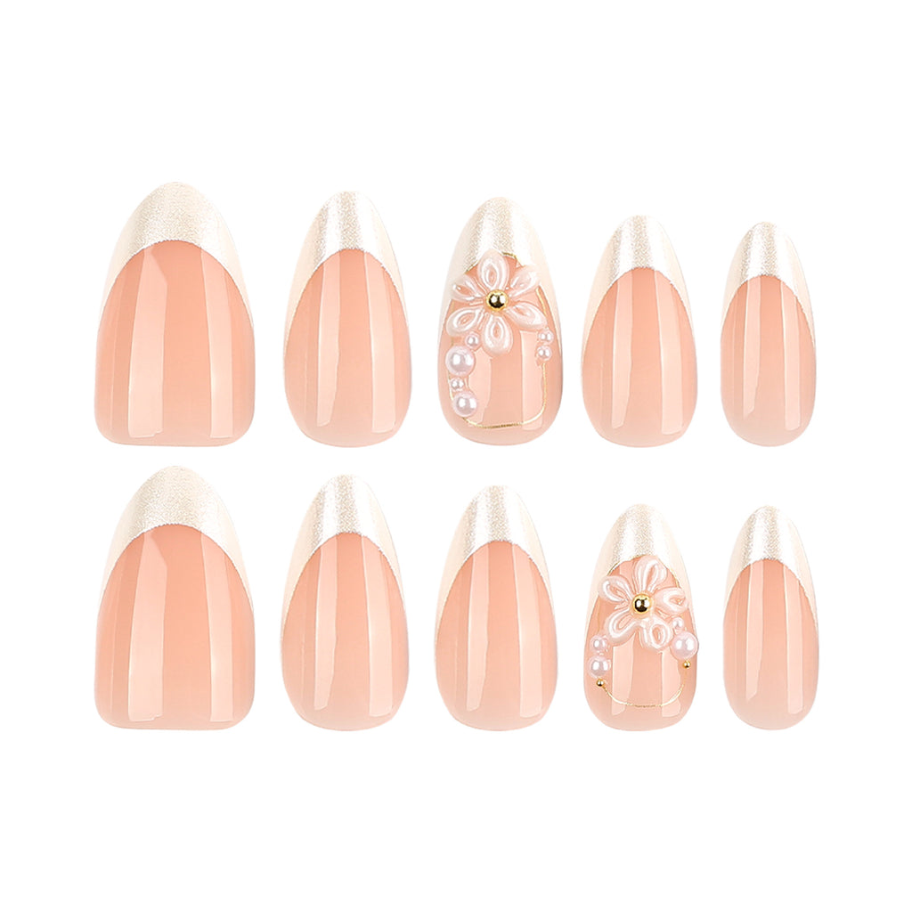 French White 3D flower Almond nails
