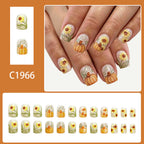 24pcs Short Square Pumpkin&sunflower Glitter Nails