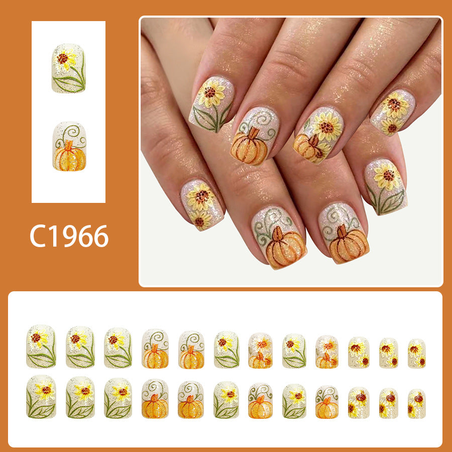24pcs Short Square Pumpkin&sunflower Glitter Nails