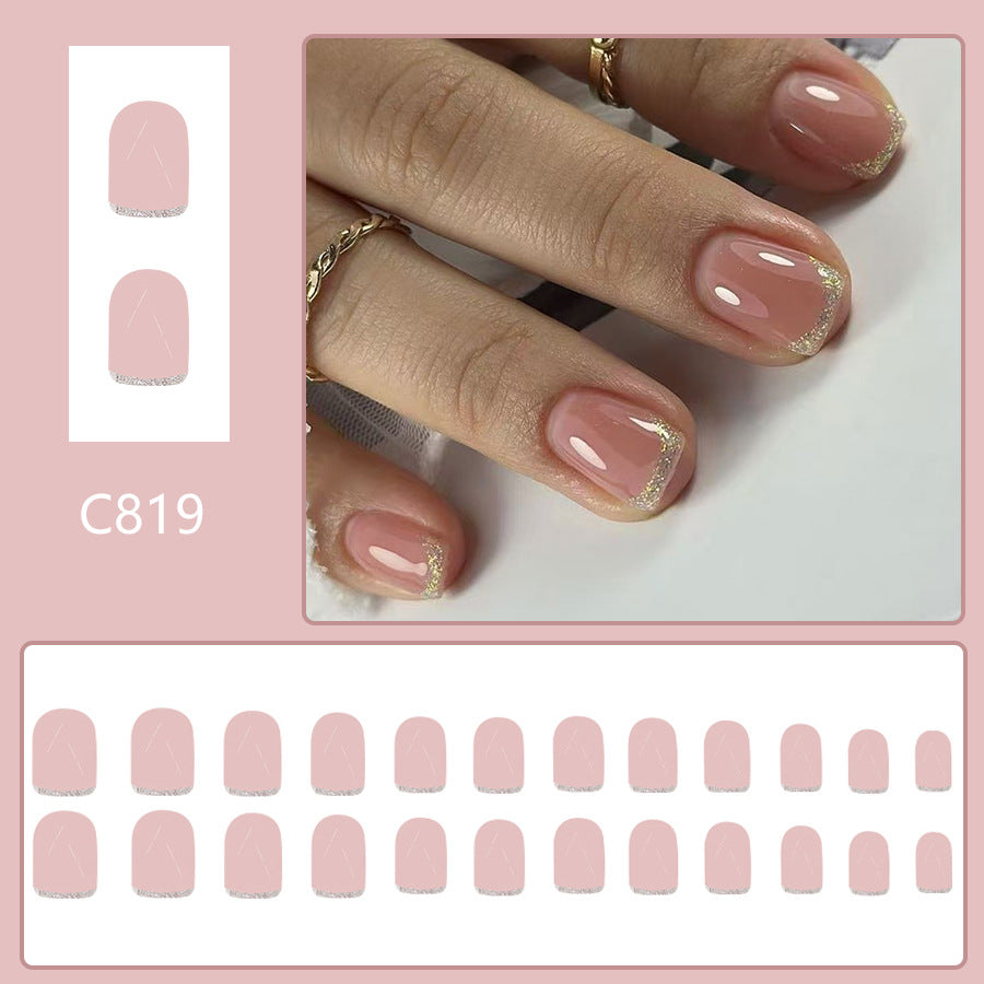 24pcs New Short Square French-style Nude nails with Glitter