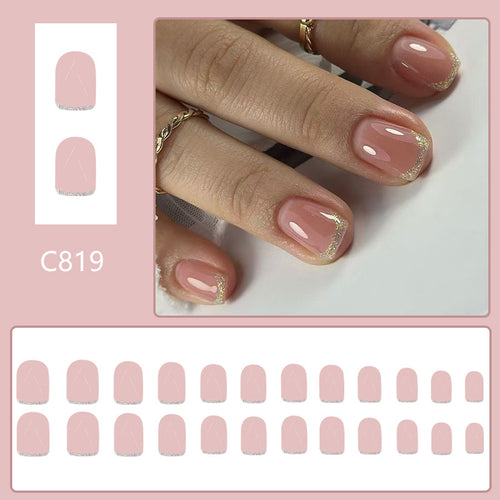 24pcs New Short Square French-style Nude nails with Glitter