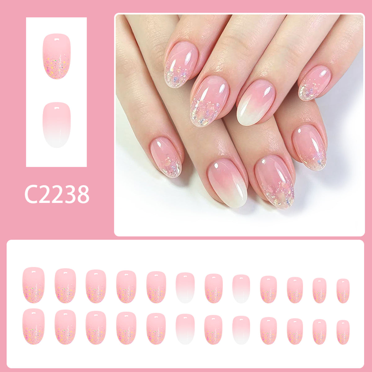 24 pcs Short Oval Glitter Pink nails
