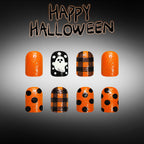 24pcs Short Square Halloween Orange-black Polka dot nails