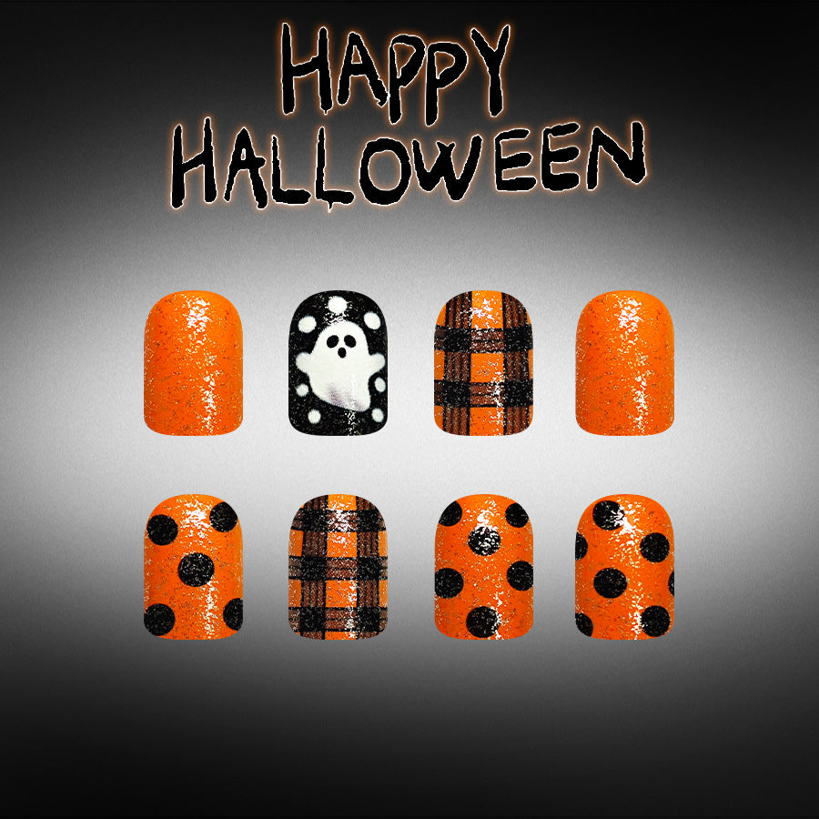 24pcs Short Square Halloween Orange-black Polka dot nails