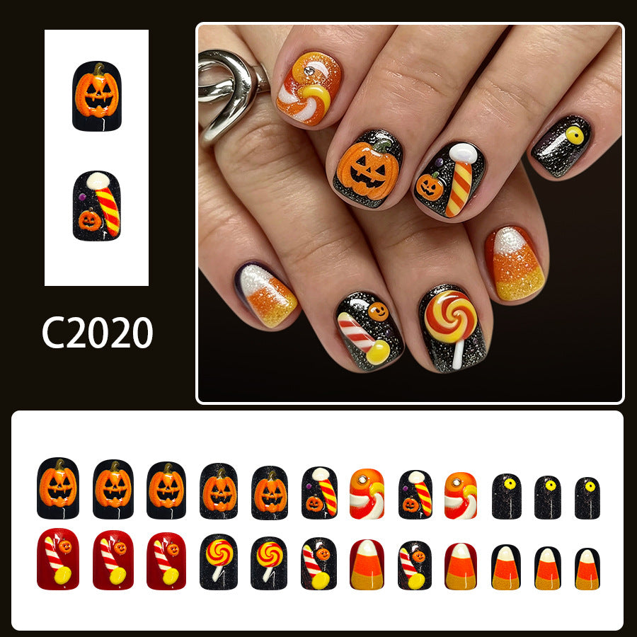 24pcs Short square pumpkin Halloween nails