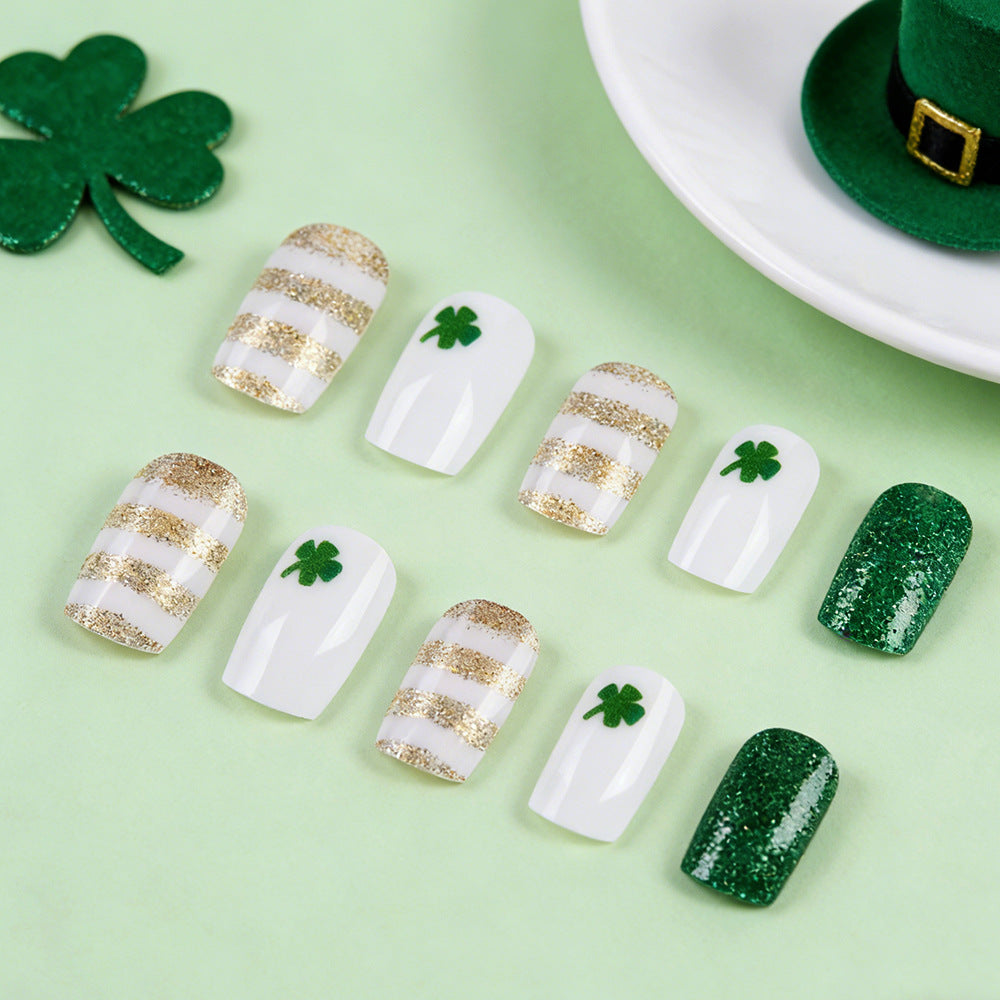 24pcs Square Green&Gold Stripe St. Patrick's Day Nails