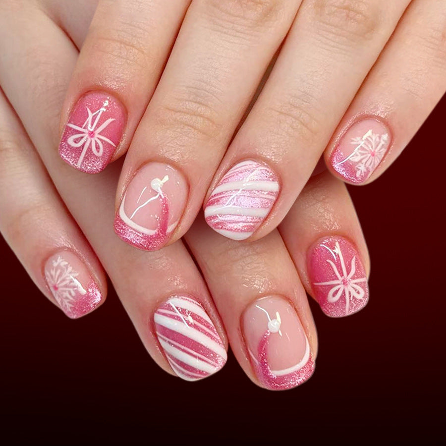 24pcs Short Square Powder Christmas Stripe Nails