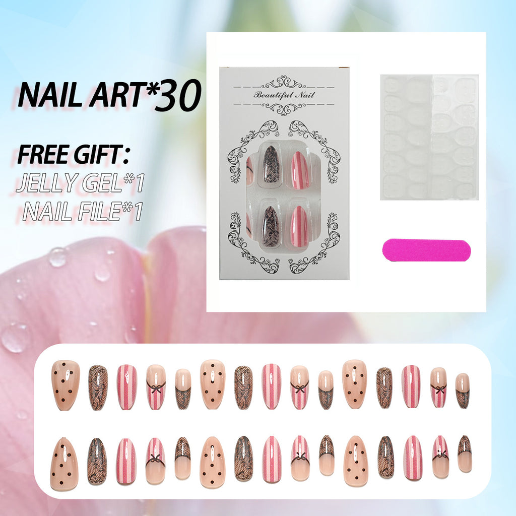 30pcs Black Lace Polka dot Stripe Almond Nails