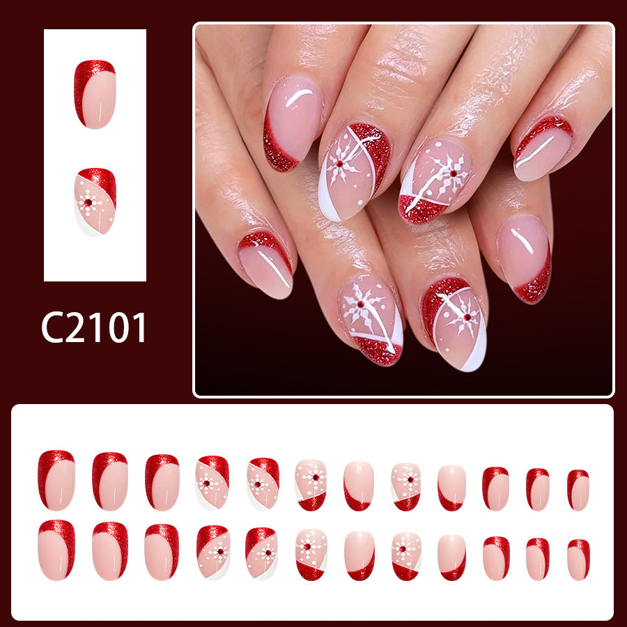 24pcs Short Oval French Snowflake Glitter Christmas nails
