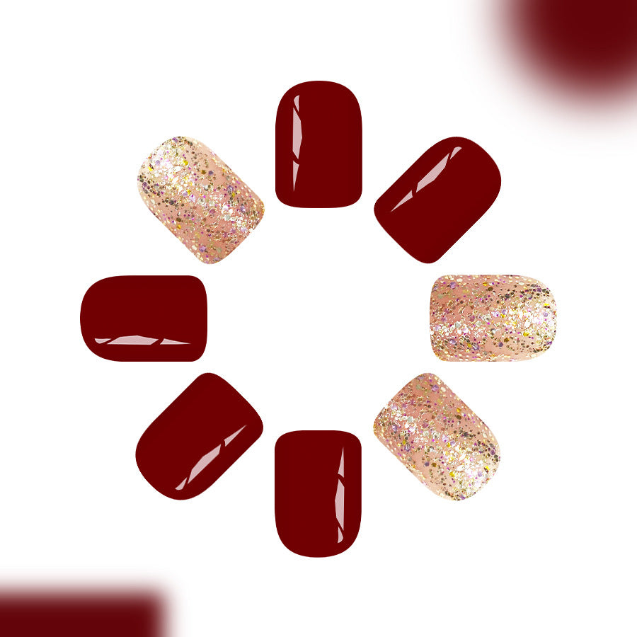 24pcs Short Square wine Red Glittering Powder nails
