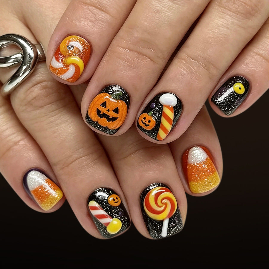 24pcs Short square pumpkin Halloween nails