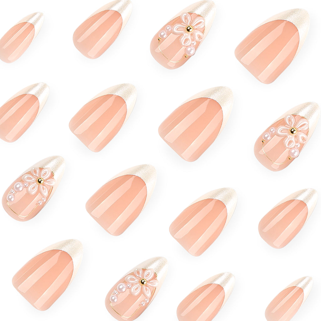 French White 3D flower Almond nails