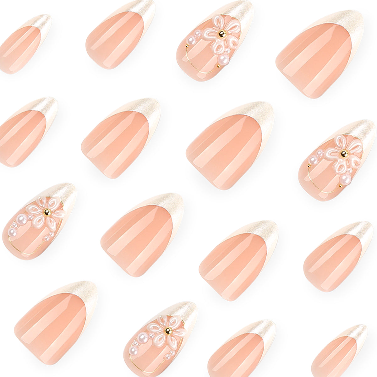 French White 3D flower Almond nails