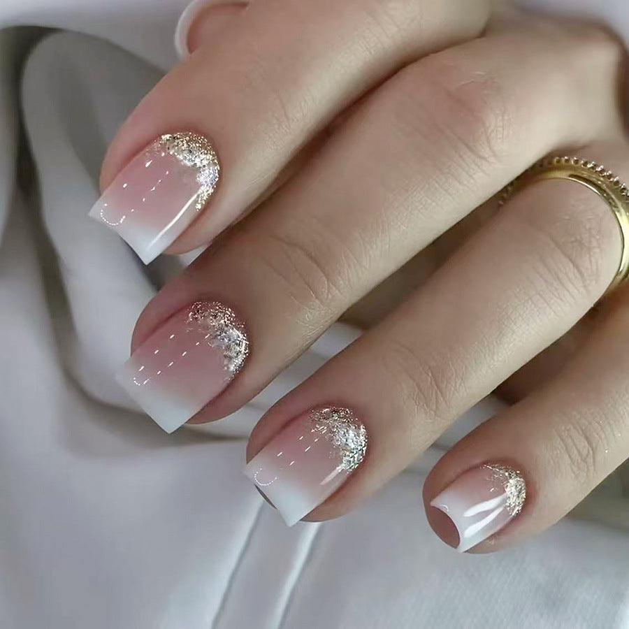 24pcs Short Glossy Square Nails with Gradient white edge French Glitter