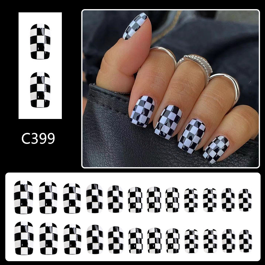 24pcs Short Square black-white striped Nails