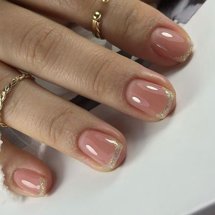 24pcs New Short Square French-style Nude nails with Glitter