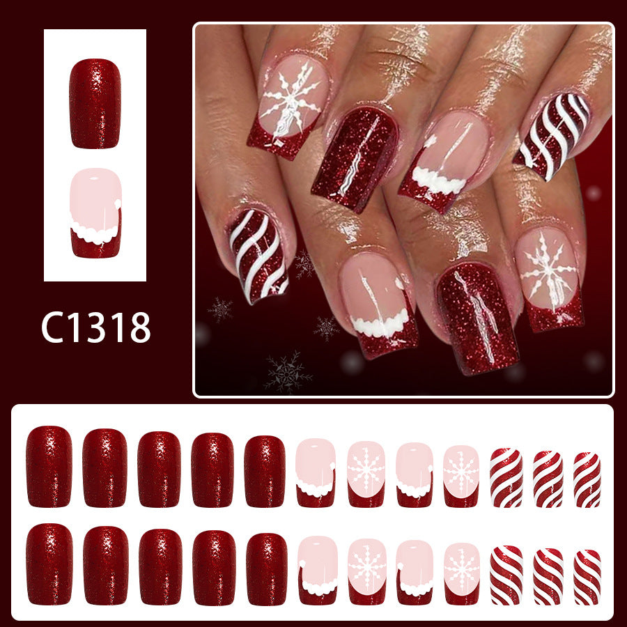 24pcs Short Square Christmas Stripe French snowflake Glitter nails