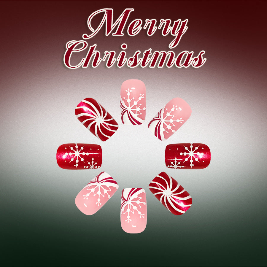 24pcs Short Square Red Snowflake bow tie Christmas Nails