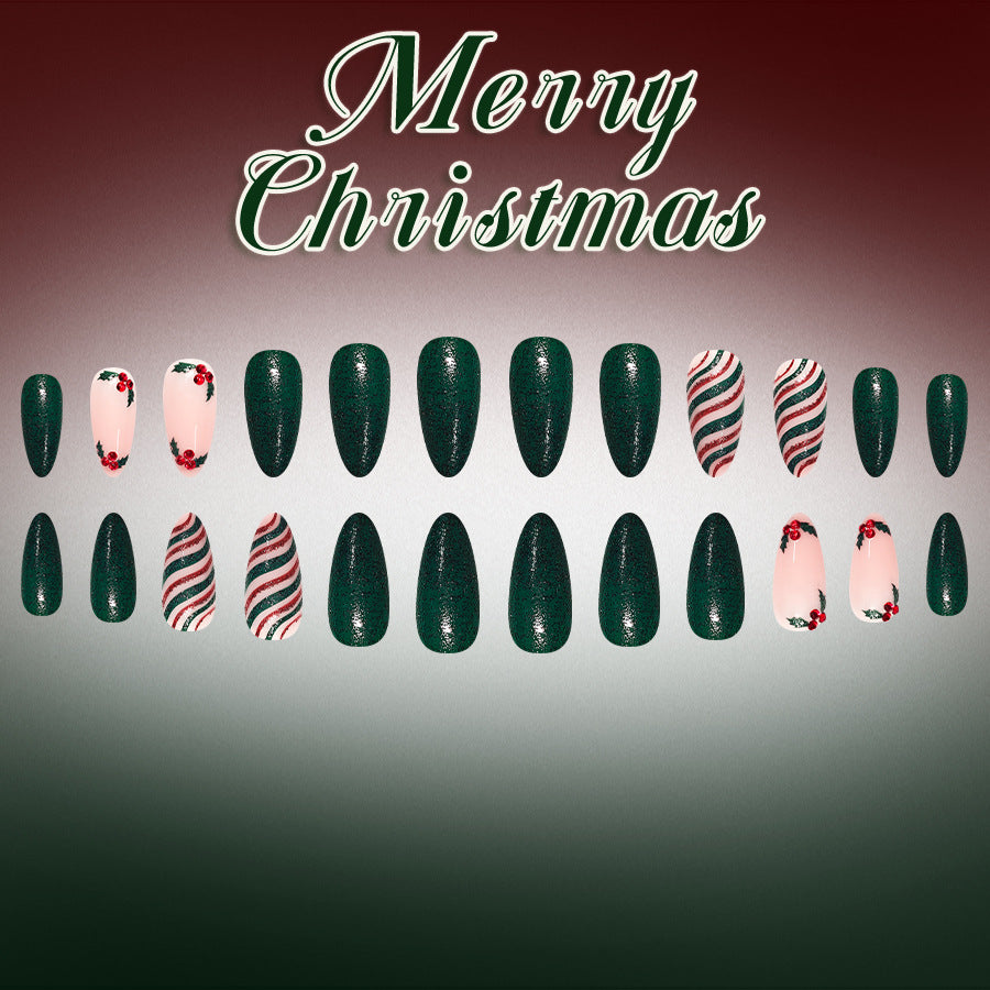 24pcs Green Christmas Tree Diagonal Stripes nails