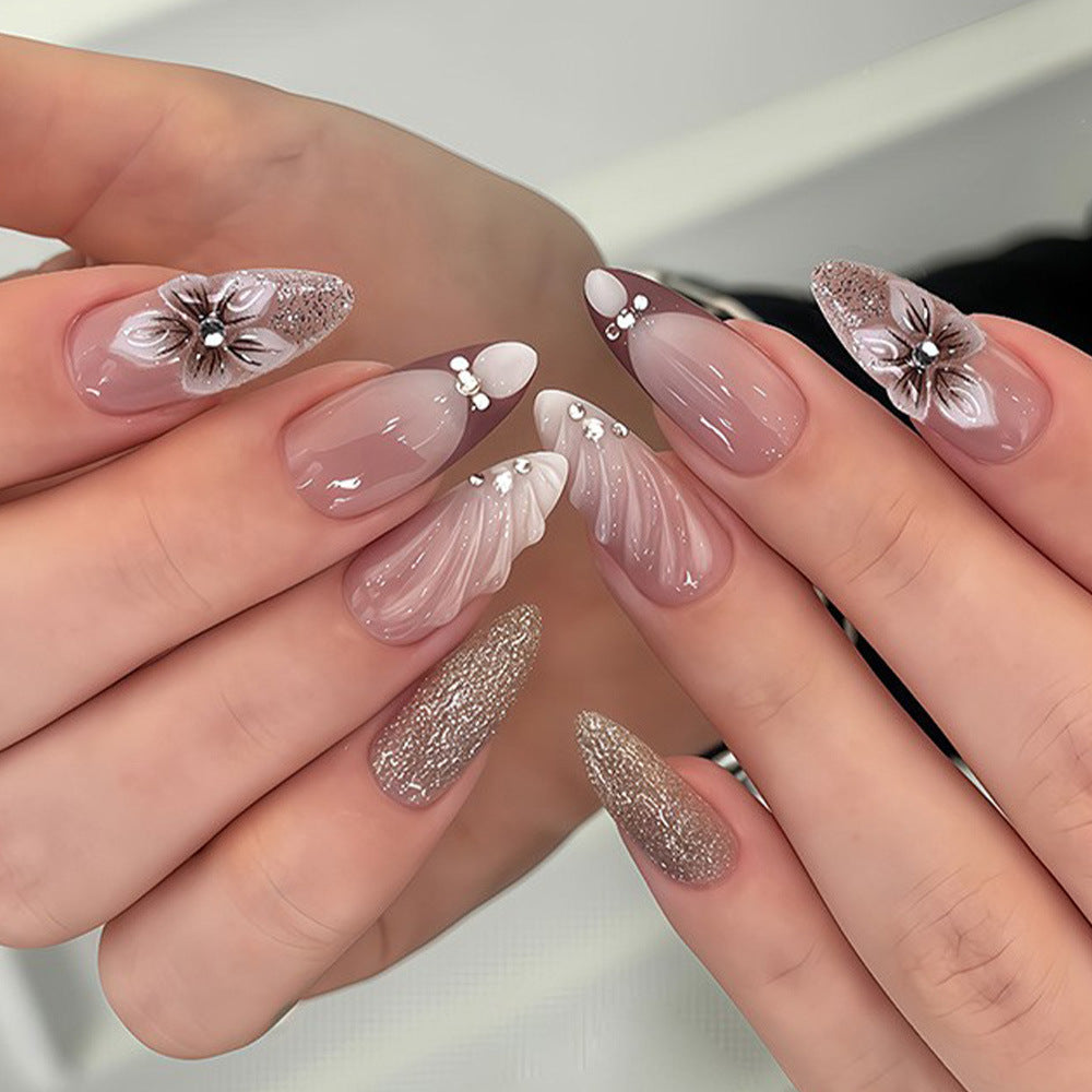 24pcs Almond shaped Flower Nails for holidays