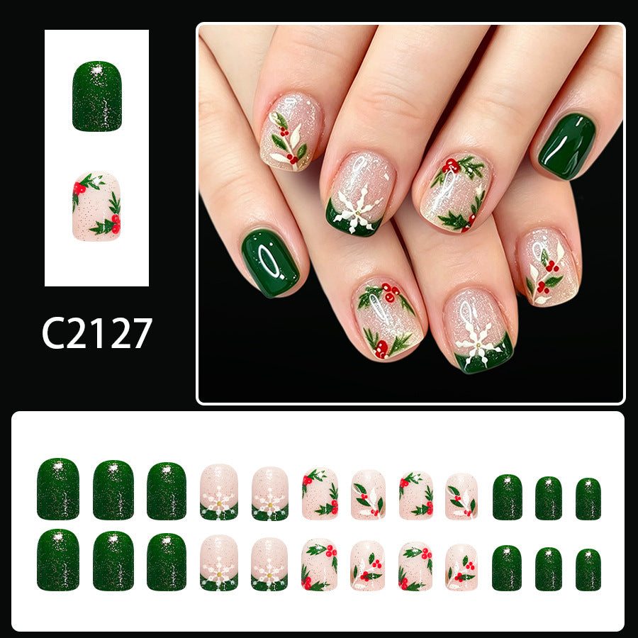 24pcs Short Square Snowflake Green French Christmas Nails