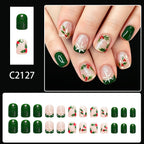 24pcs Short Square Snowflake Green French Christmas Nails