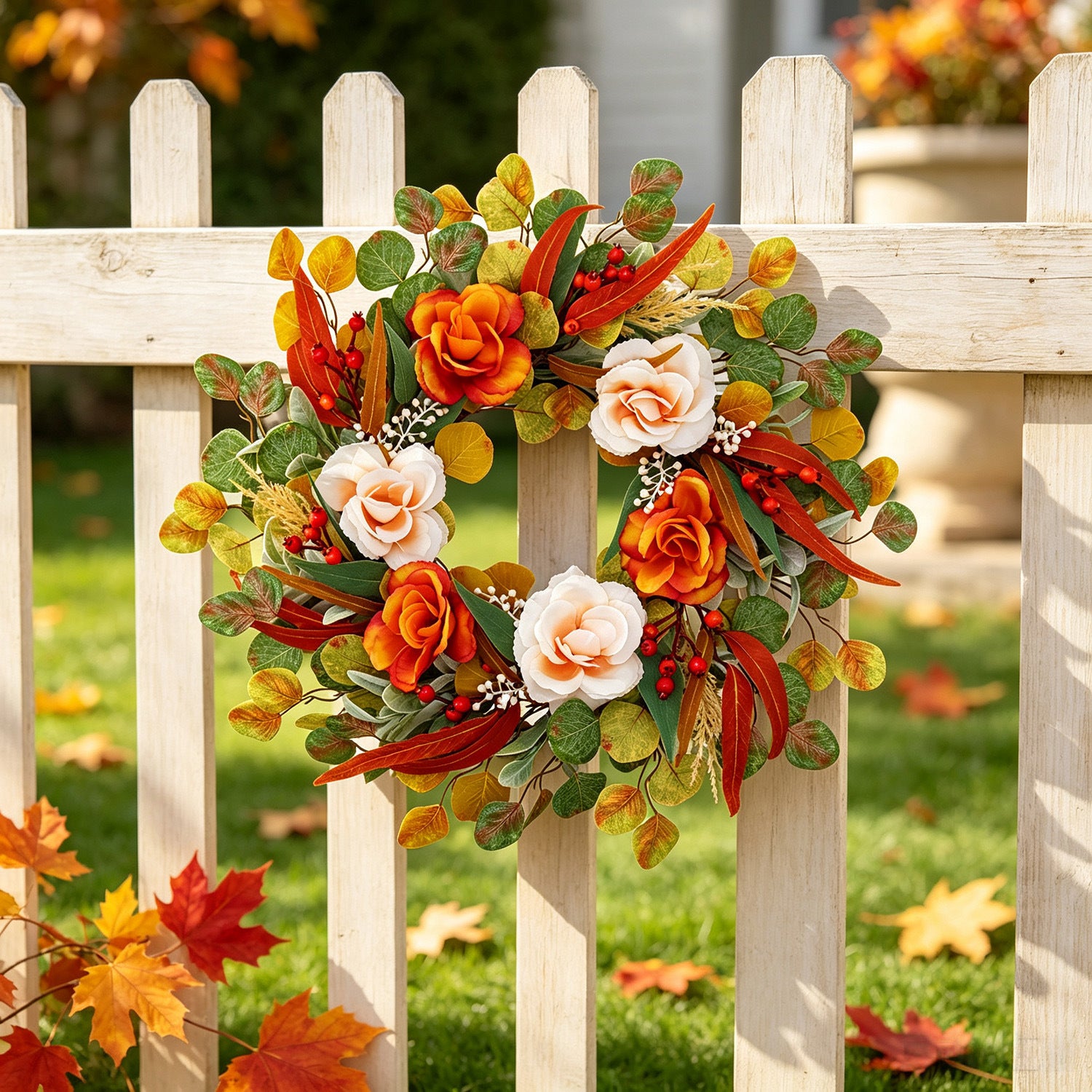 24 inch Simulation of rose autumn leaves flower wreath for door hanging courtyard front porch decoration