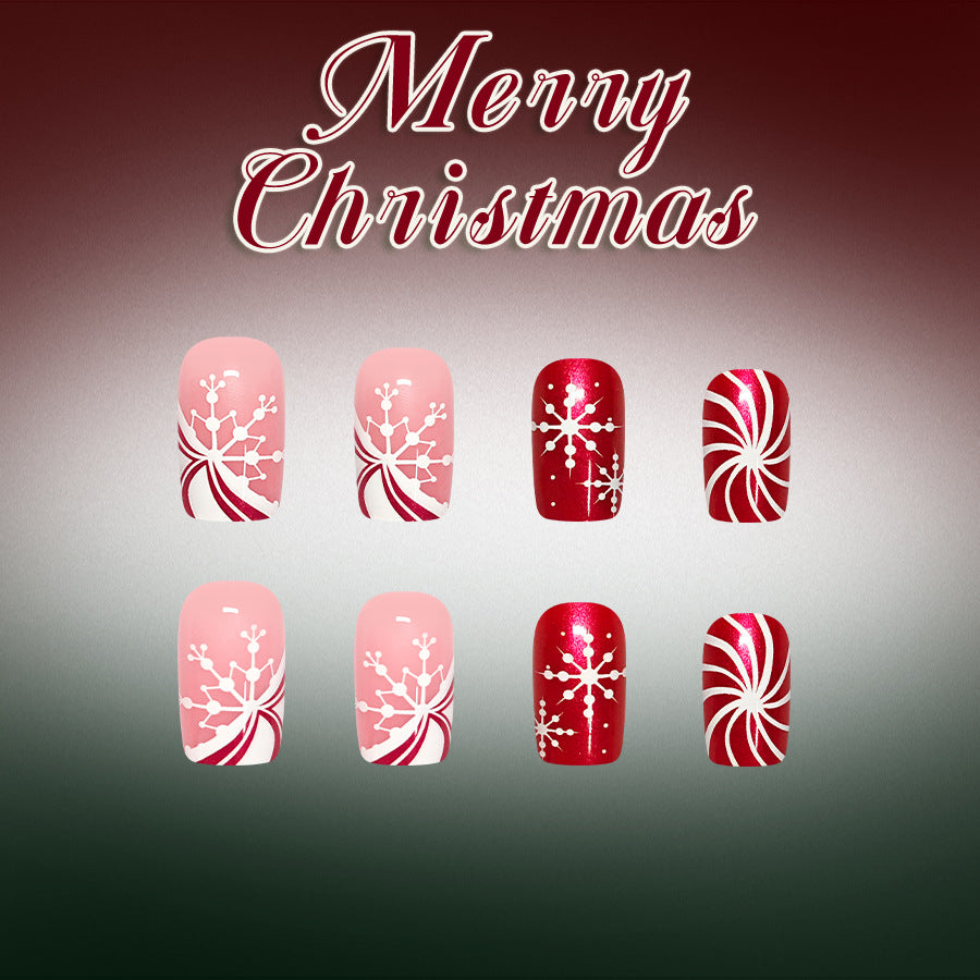 24pcs Short Square Red Snowflake bow tie Christmas Nails