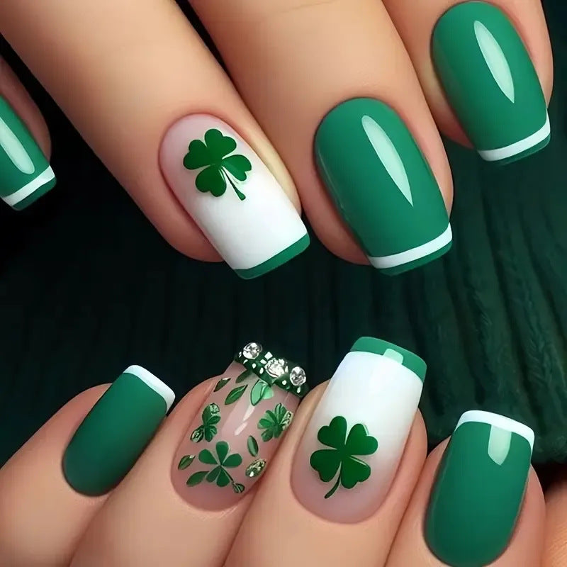 24pcs Fresh Green Diamond French St. Patrick's Day Nails