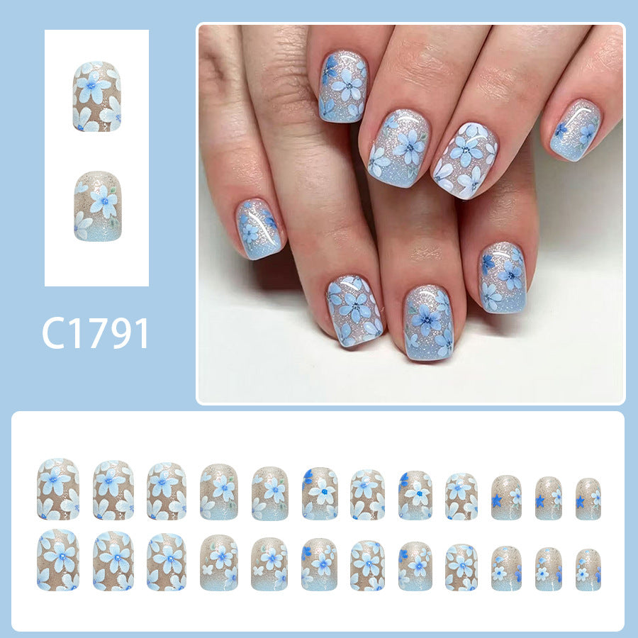 24pcs Short Square Blue Floral pattern nails
