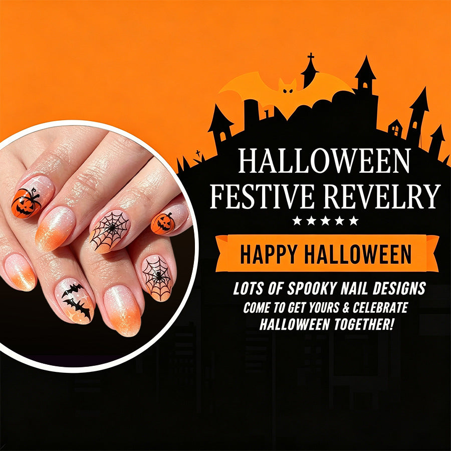 24pcs Short Oval Orange Ombre Glitter Pumpkin Halloween Nails