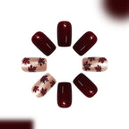 24pcs Short Square Wine Red Maple leaf Nails