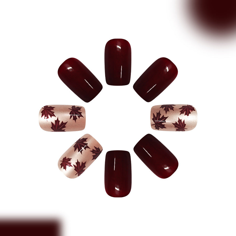 24pcs Short Square Wine Red Maple leaf Nails