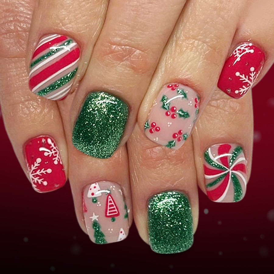 24pcs Short Square Christmas tree with Snowflake Pattern Stripes Glittering pink Nails