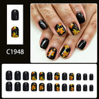 24pcs Short Black Glitter Leaf pattern Thanksgiving Nails