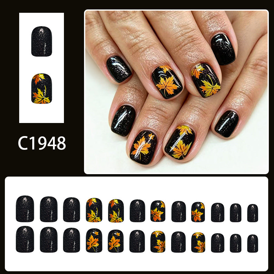 24pcs Short Black Glitter Leaf pattern Thanksgiving Nails