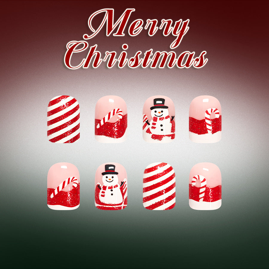 24pcs Short Square Red-white French Stripe Glitter Christmas Nails