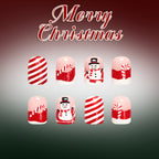 24pcs Short Square Red-white French Stripe Glitter Christmas Nails