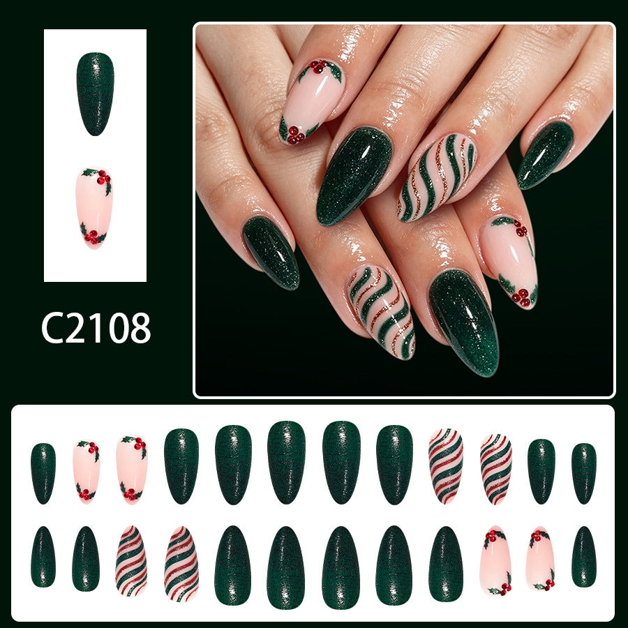 24pcs Green Christmas Tree Diagonal Stripes nails