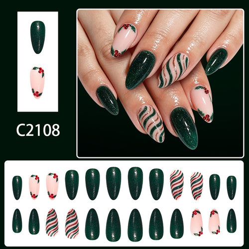 24pcs Green Christmas Tree Diagonal Stripes nails