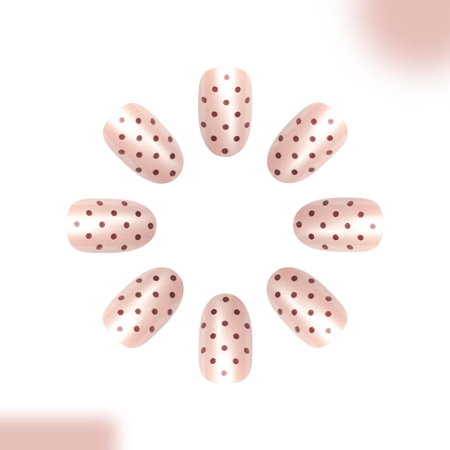 24pcs Short Oval Sleeve Nude Aurora Coffee-colored Polka dots nails