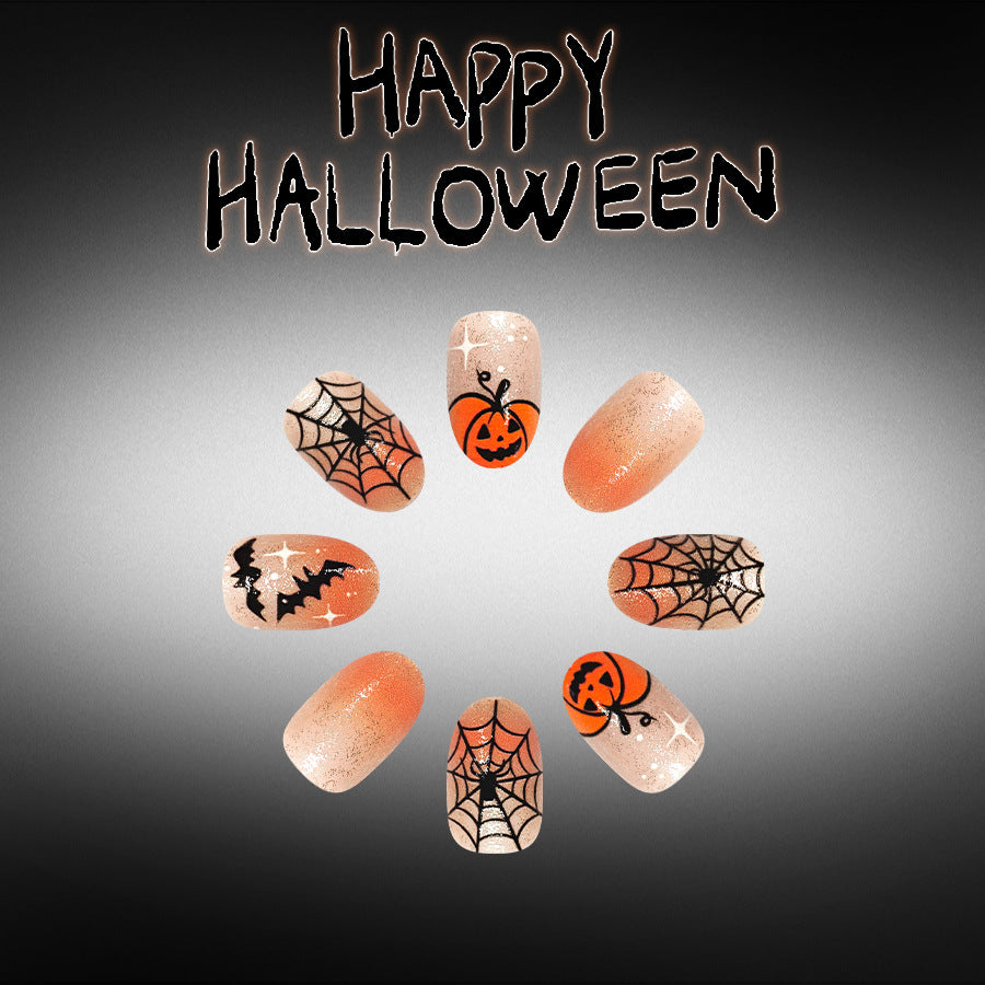 24pcs Short Oval Orange Ombre Glitter Pumpkin Halloween Nails