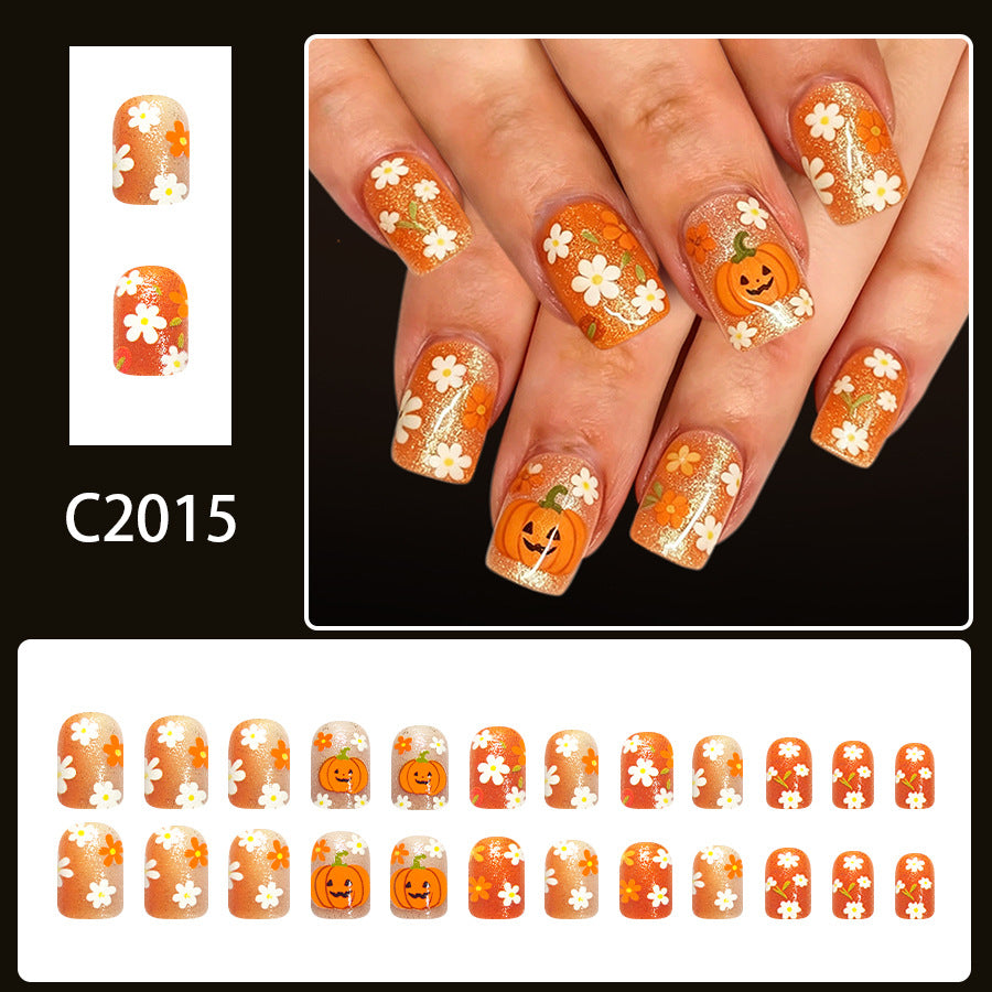 24pcs Short Square Orange pumpkin Halloween Nails