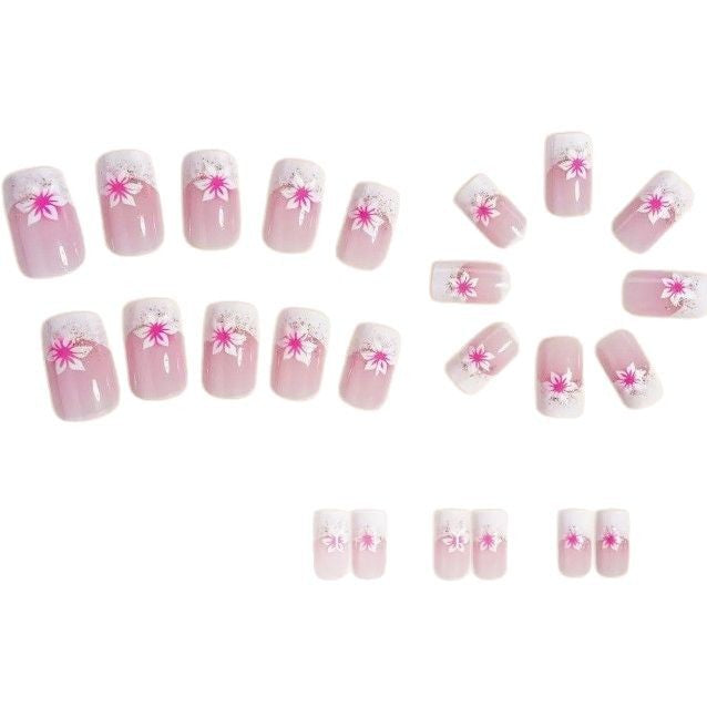 24pcs French-style flower Glitter short nails