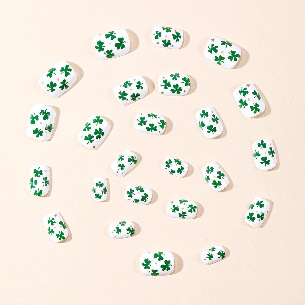 24pcs St. Patrick's Short Square White Four-leaf Stars Nails